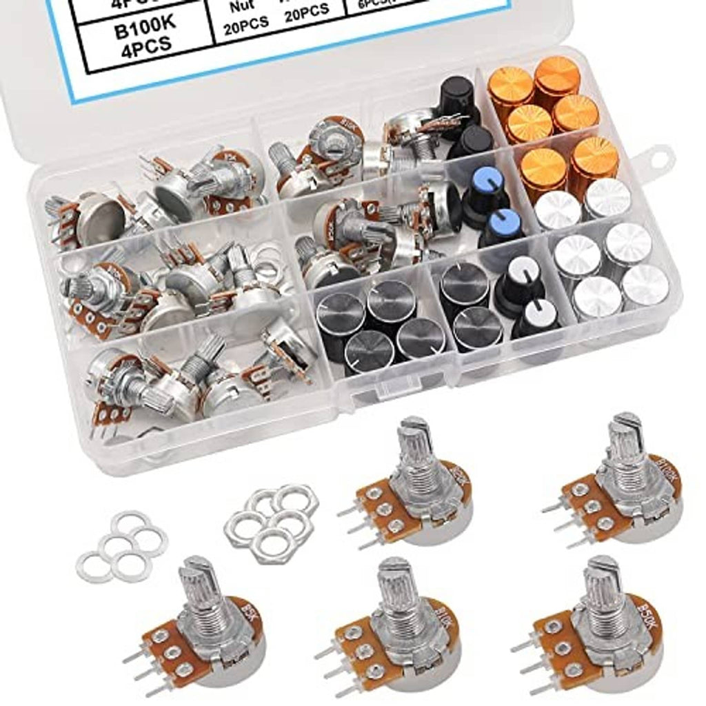 Potentiometer kit components in clear organizer, including knobs, potentiometers, nuts, and washers