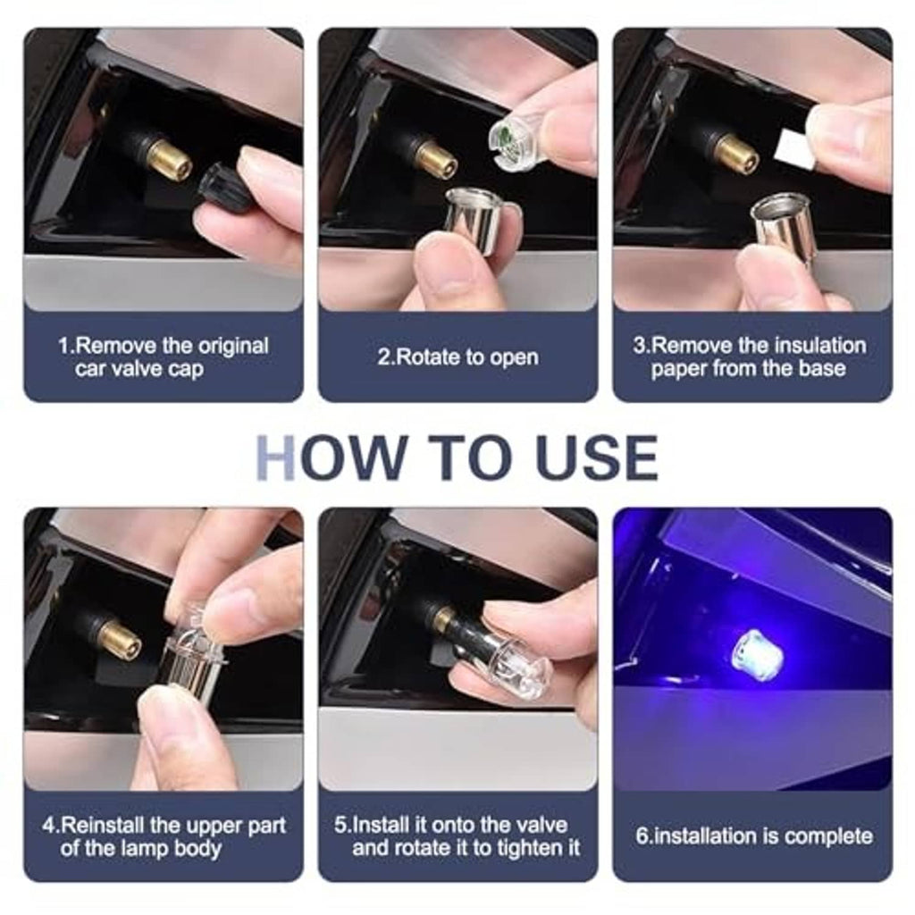 LED tire valve stem cap installation sequence, showing cap and valve base fit