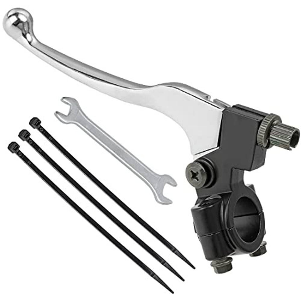Left brake and clutch lever perch with chrome lever, black mount, and two long pins