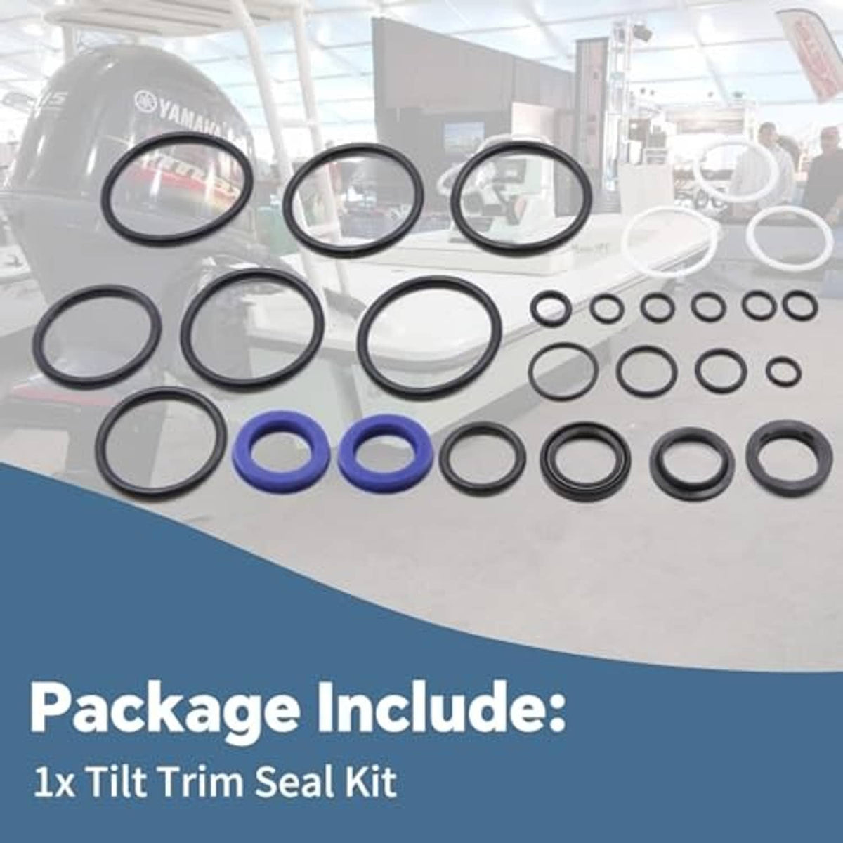 Tilt trim seal kit assortment of black and blue O-rings plus white seals in rows