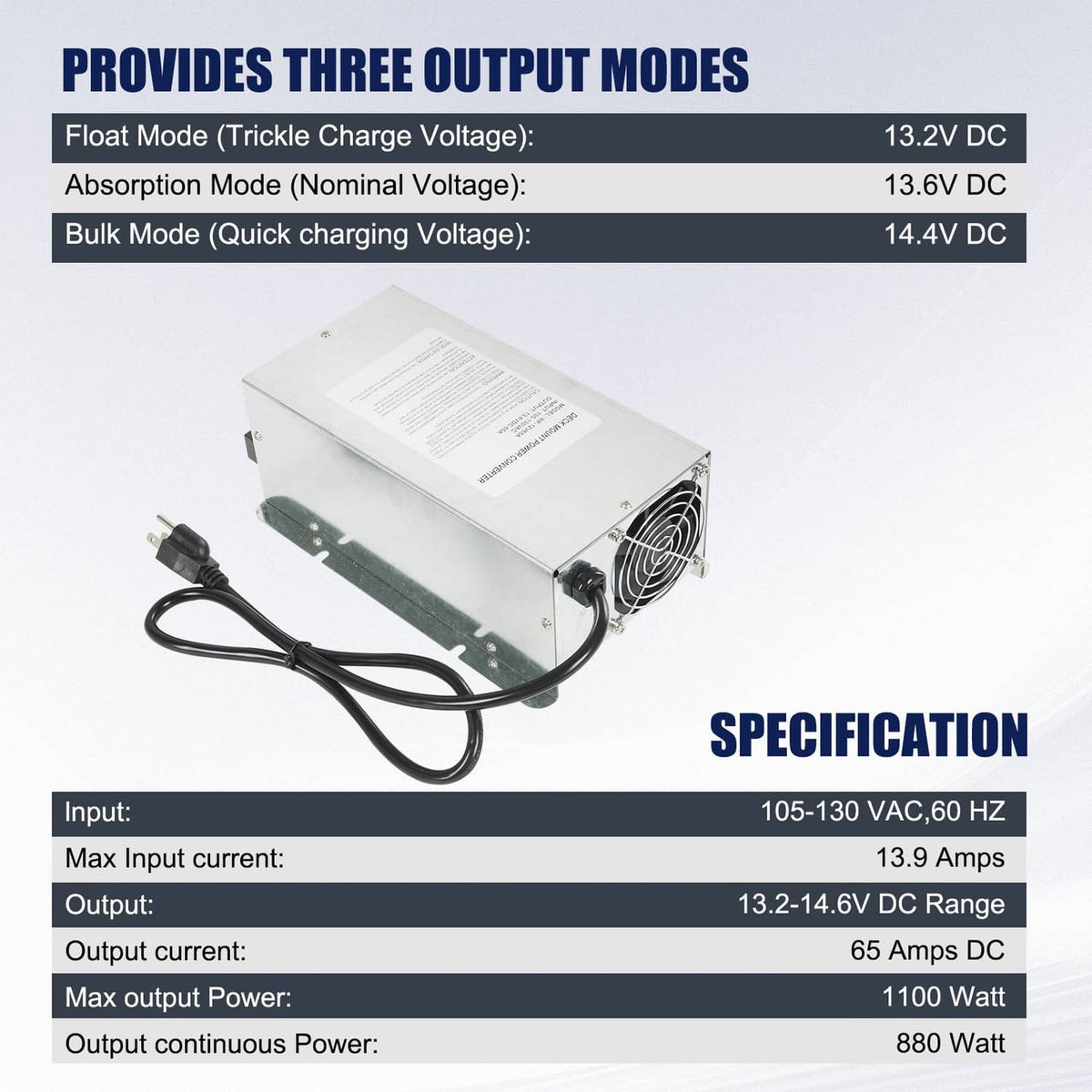 RV power converter charger with ventilation fan and DC output, shown with specs