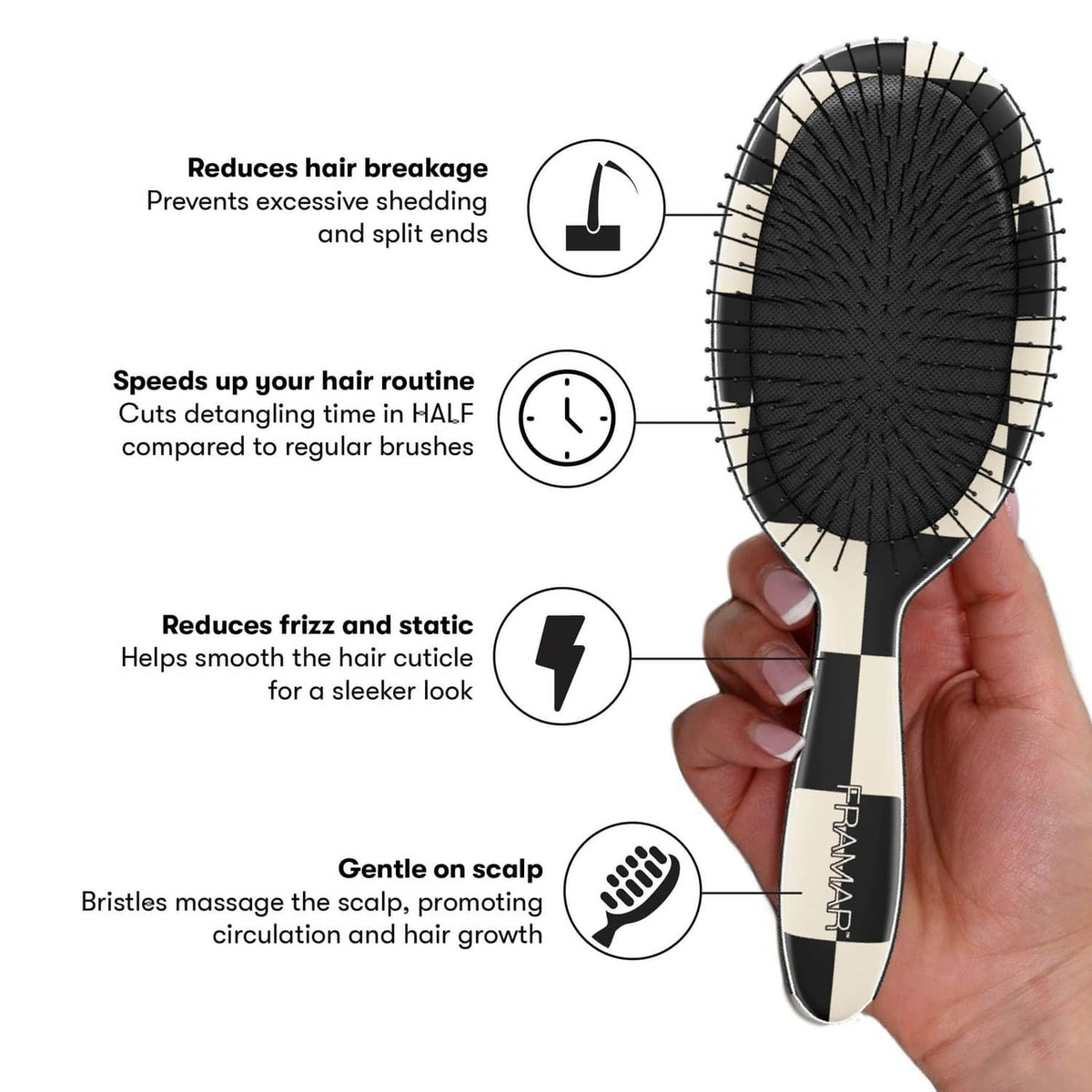 FRAMAR detangling hair brush with oval black bristle pad and checkered handle, handheld