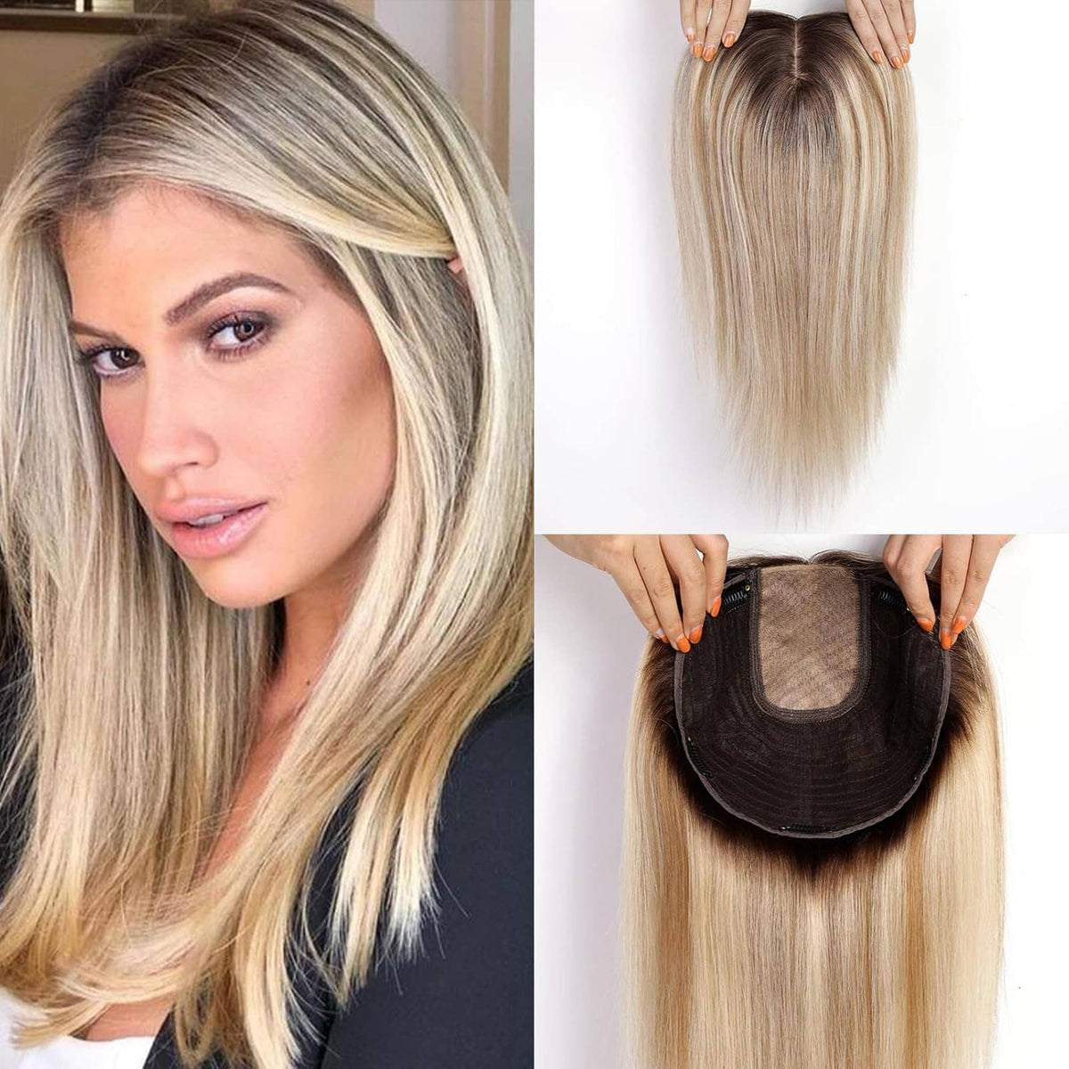Women's hair topper with light brown hair and blonde highlights, dark base cap shown