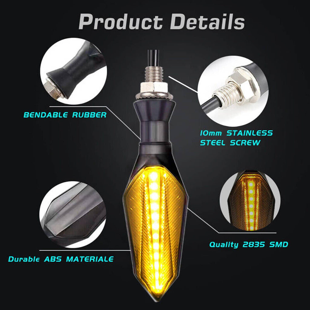 Amber teardrop LED motorcycle turn signal bulb with threaded metal mounting and black base