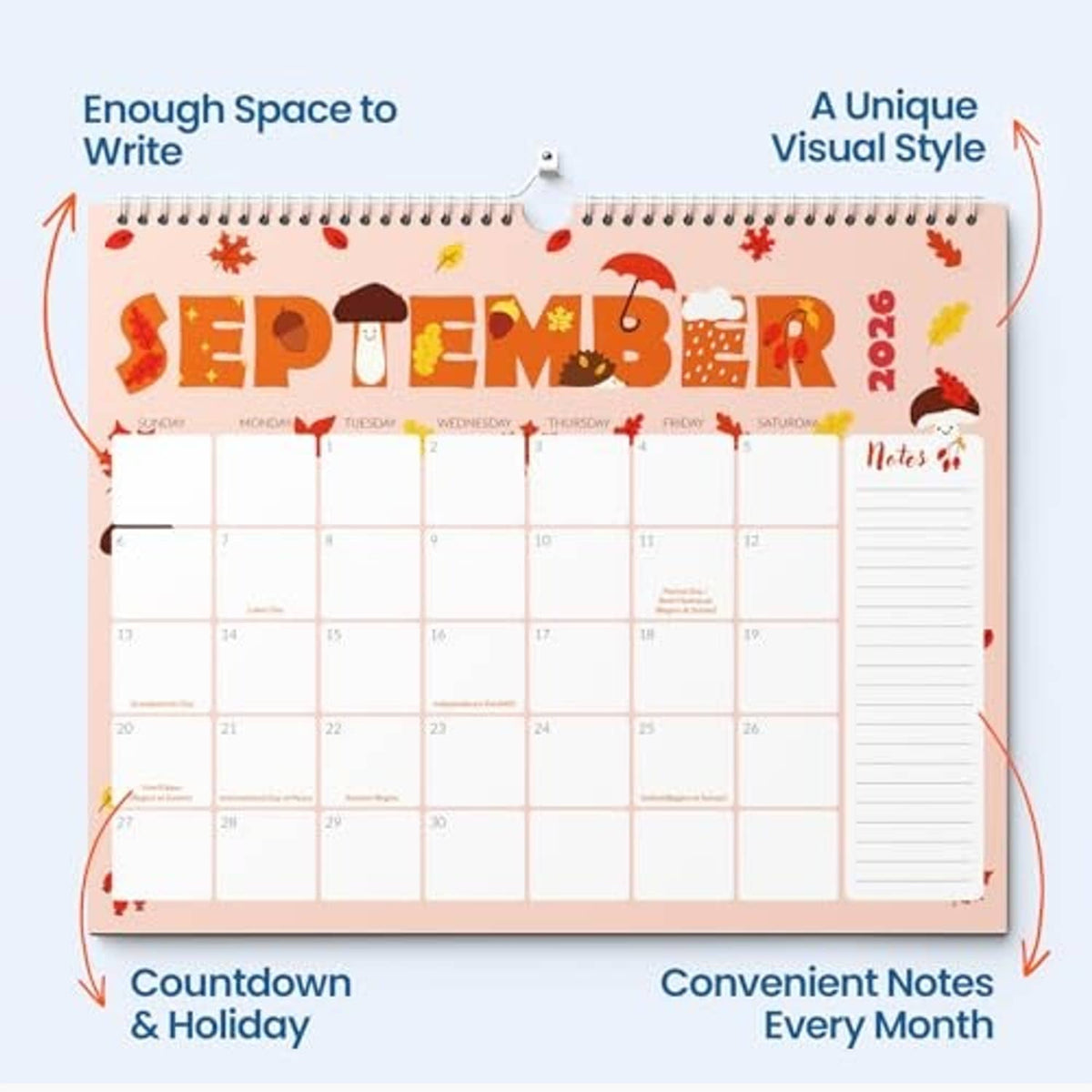 September 2026 wall calendar layout with wide writing area and notes lines