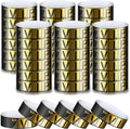 Bulk pack view of gold-and-black VIP-logo wristband rolls with strips