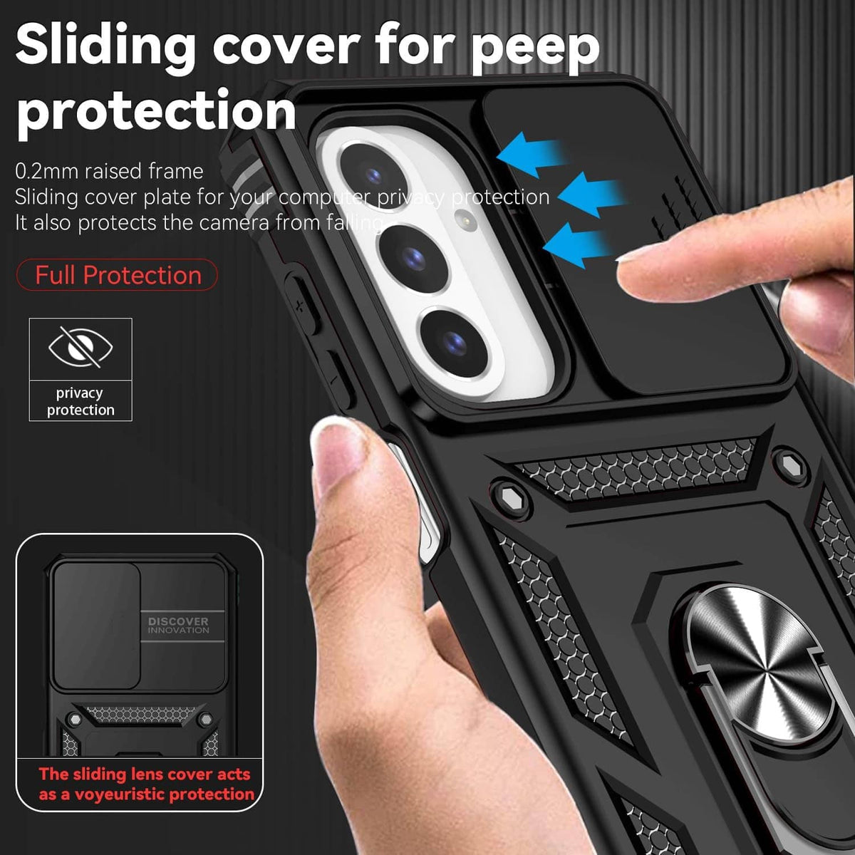 Black rugged phone case with sliding camera cover and raised frame protection