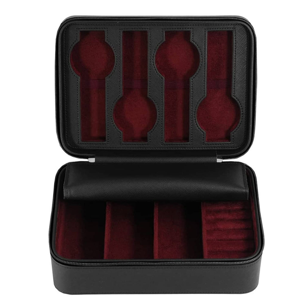 Black zippered jewelry box closed with red-lined divider inserts inside