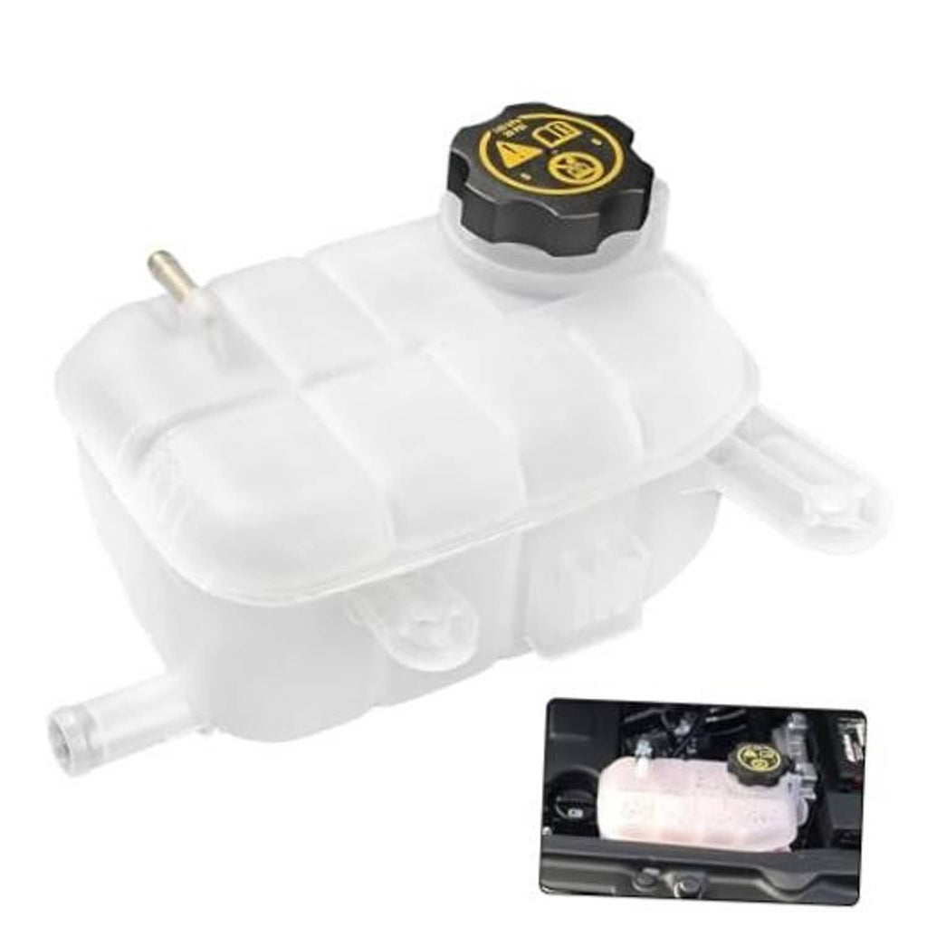 White engine coolant overflow reservoir tank with black cap, side outlet and vent spout