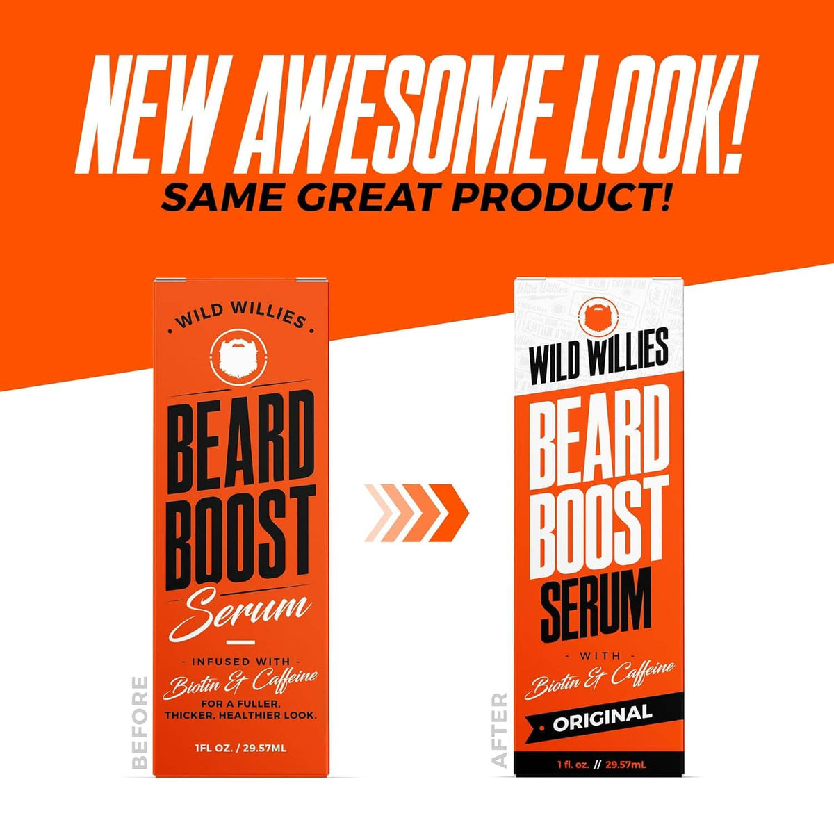 Beard boost serum before-and-after packaging, two boxes on orange background