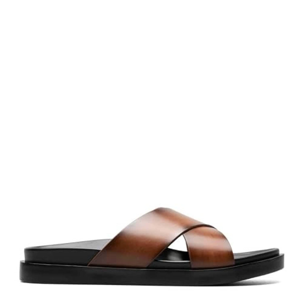 Cognac brown sandal slide with wide cross strap and black platform outsole