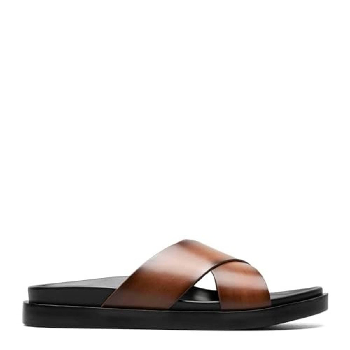 Cognac brown sandal slide with wide cross strap and black platform outsole