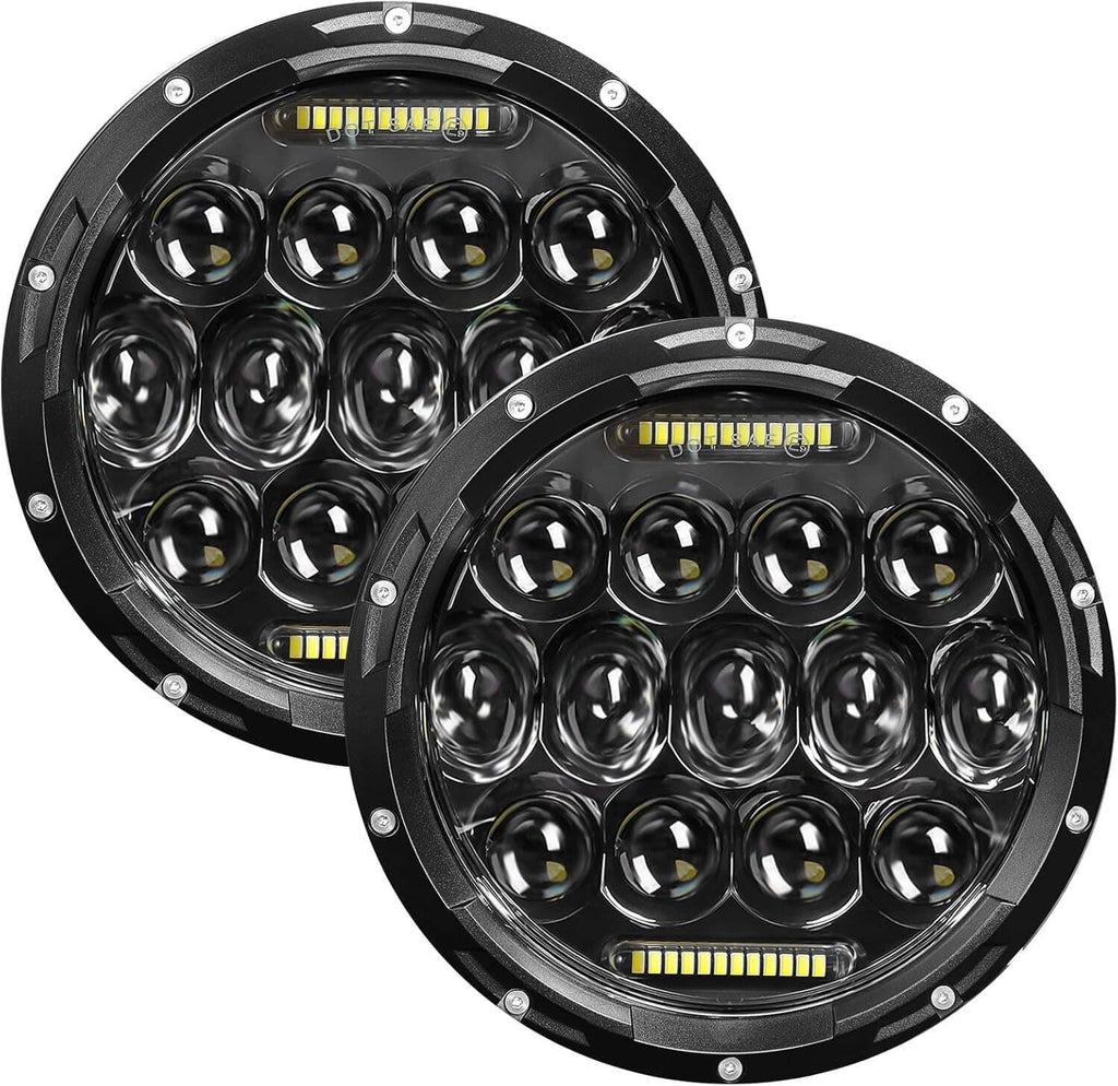 Pair of round LED headlights with black housing, halo LED bars, and multiple projector-style lenses