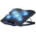 Angled laptop cooling pad with blue-lit fans and foldable metal support stand