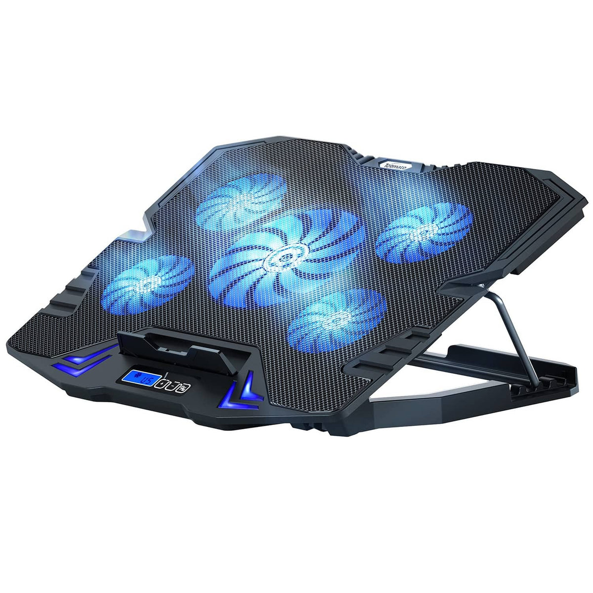Angled laptop cooling pad with blue-lit fans and foldable metal support stand