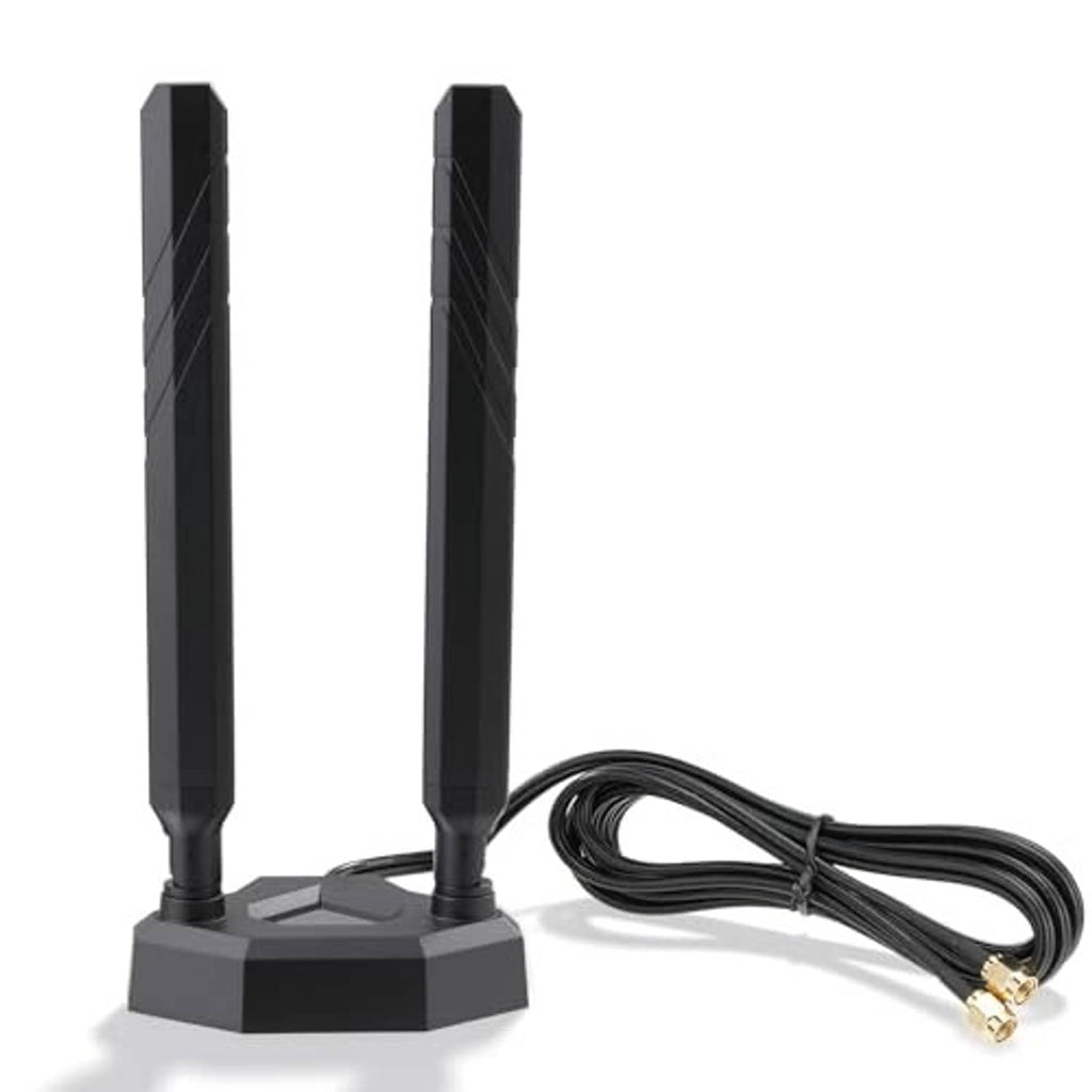 Two black WiFi antennas on magnetic base with coiled cable and gold RP-SMA connector