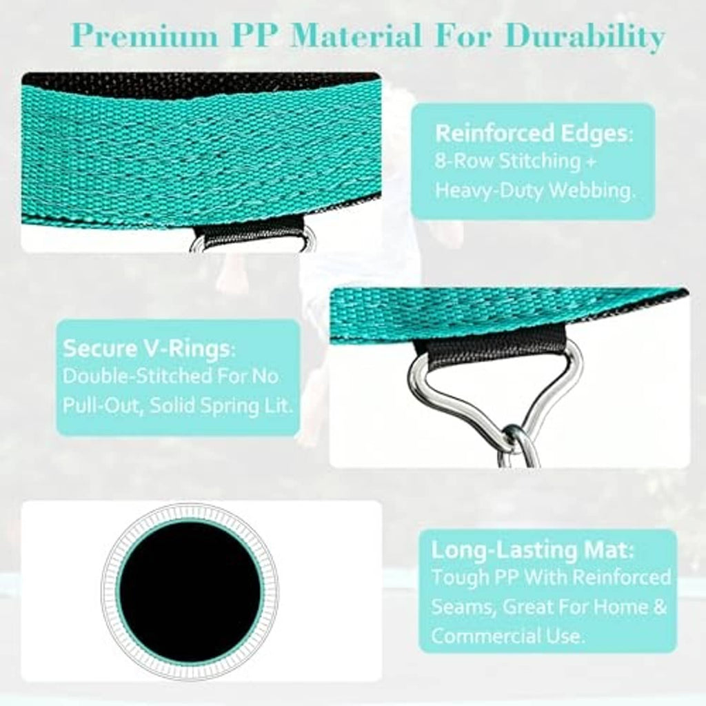 Teal woven trampoline mat with reinforced stitched edge and spring attachment area