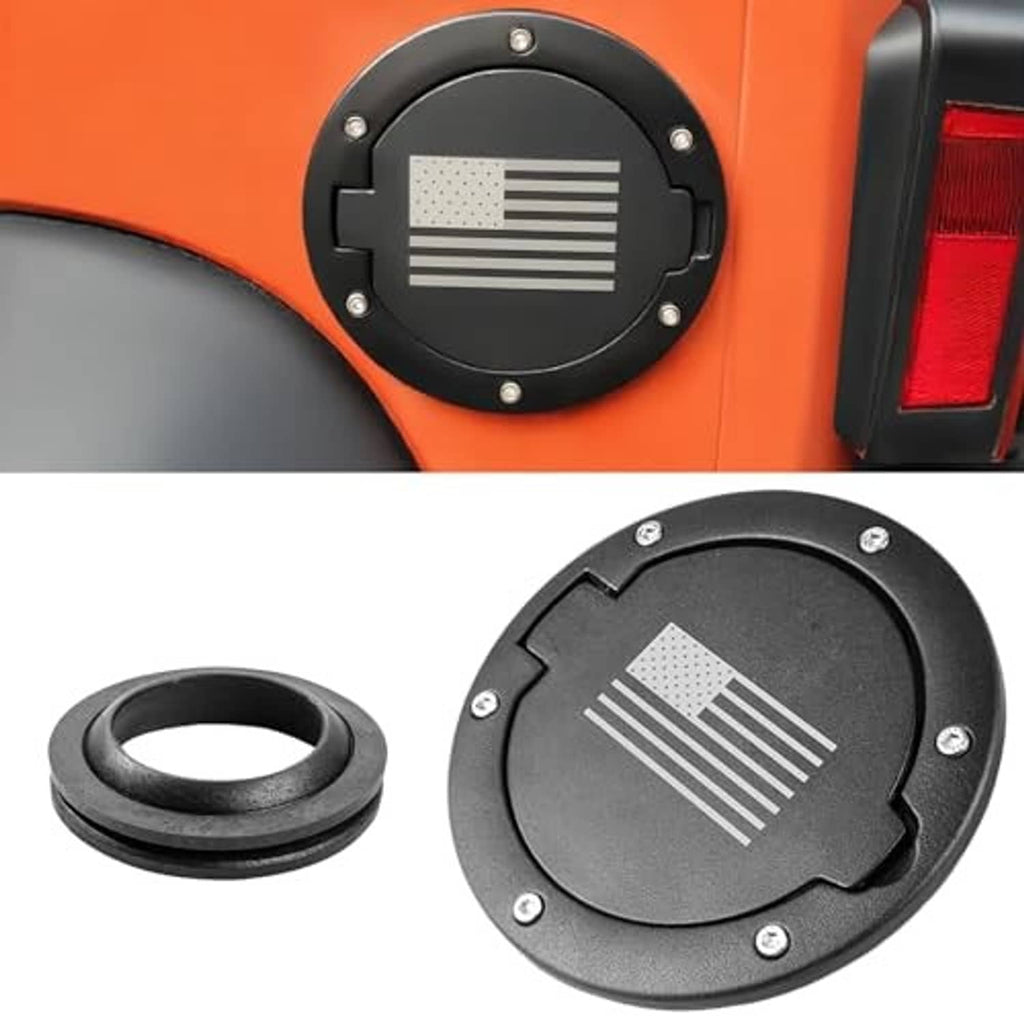 Black gas cap cover with US flag-style insert plus matching rubber gasket ring
