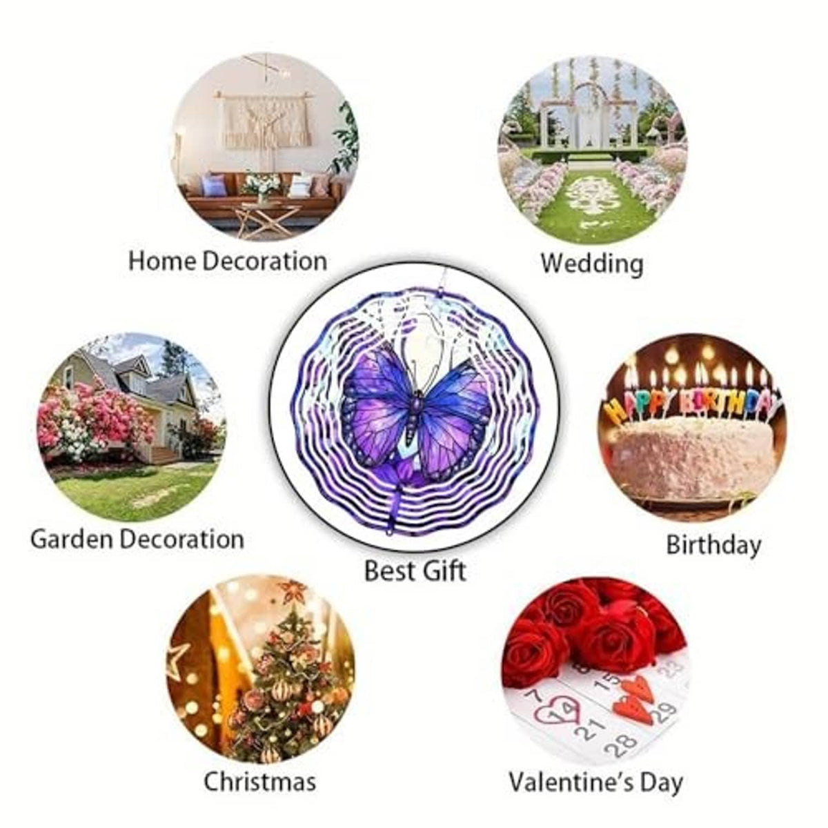 Purple butterfly wind spinner with white spiral ring pattern in a gift collage