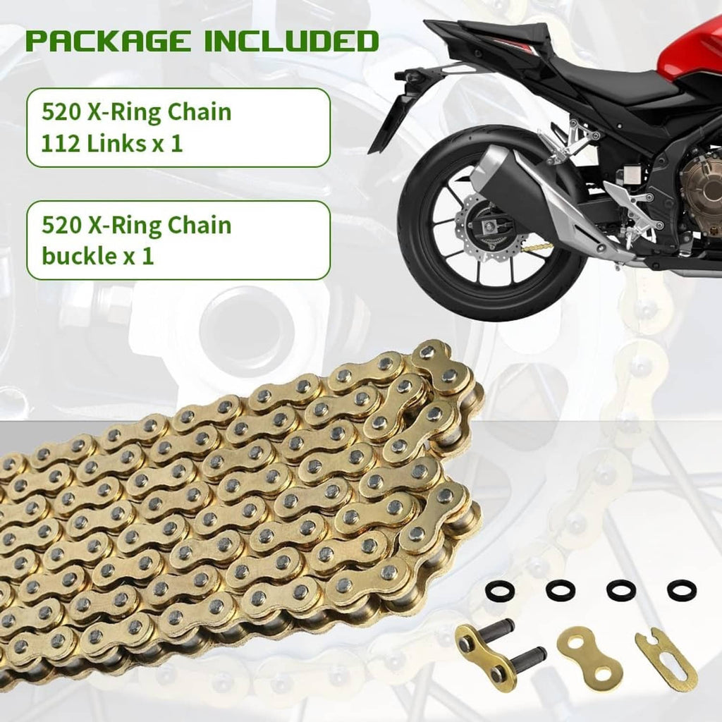 Gold X-ring chain with included pins and clip parts laid out next to the links