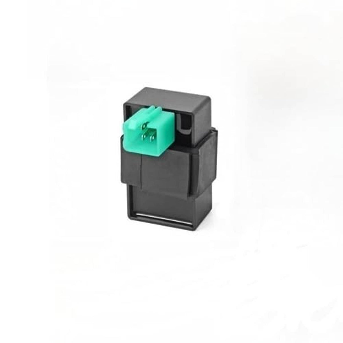 Black ignition control box with green electrical connector and top housing