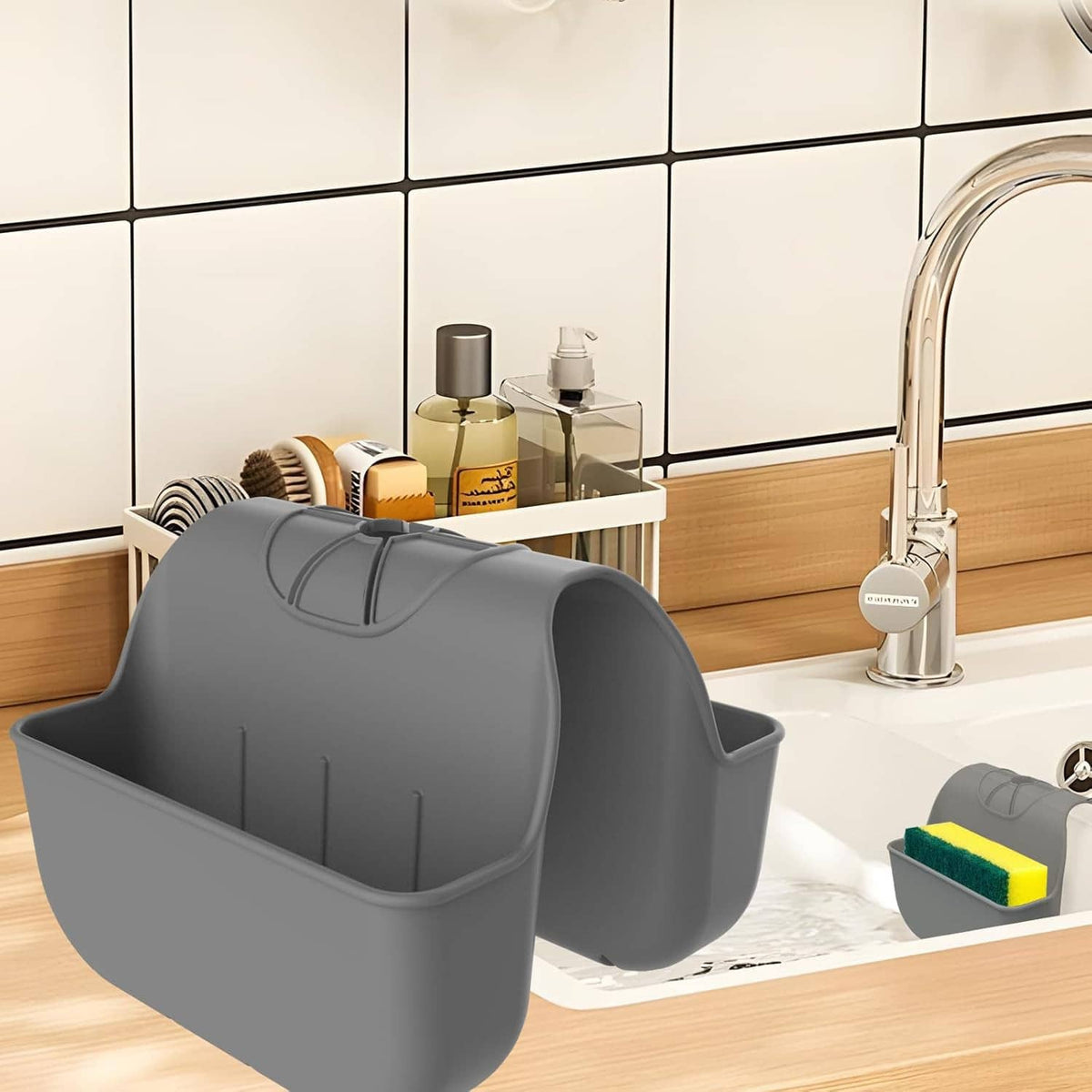 Gray silicone sink sponge holder organizer with side stand and sponges