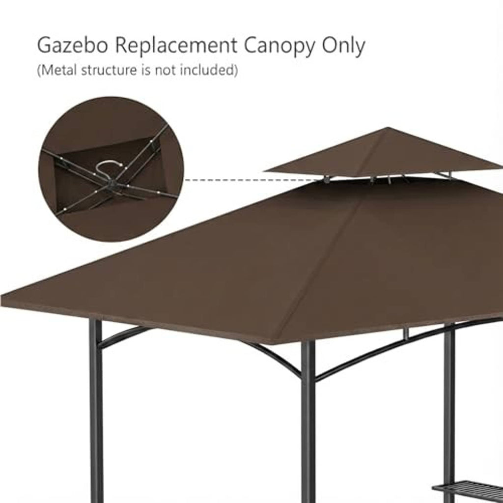 Brown canopy top with fabric surface and metal support arms, close-up detail