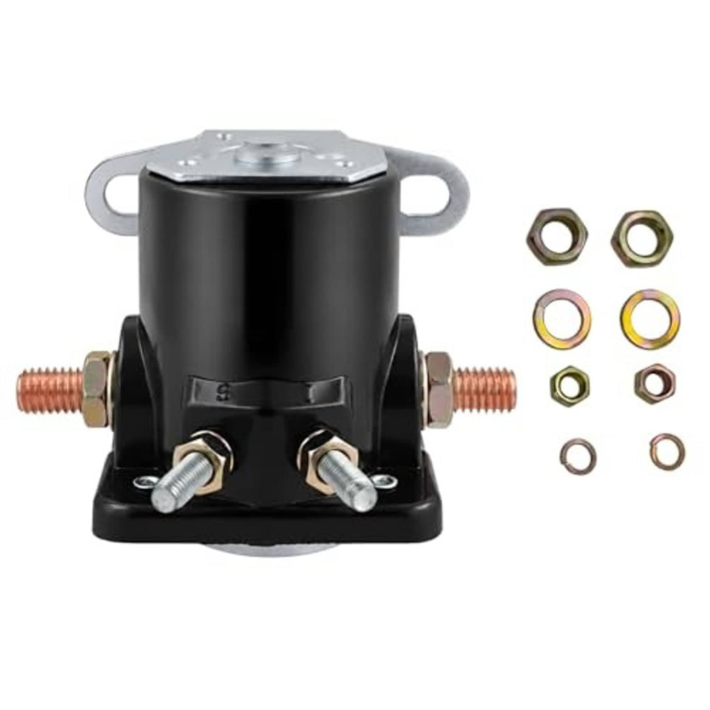 Black starter relay solenoid with side terminals, mounting bracket, and included nuts