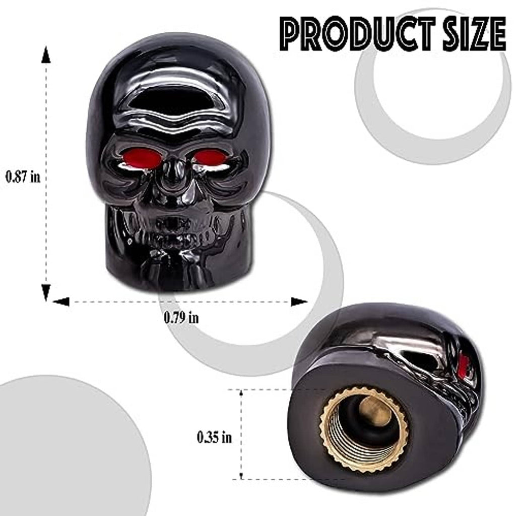 Skull tire valve stem cap with red eyes, showing internal threaded insert