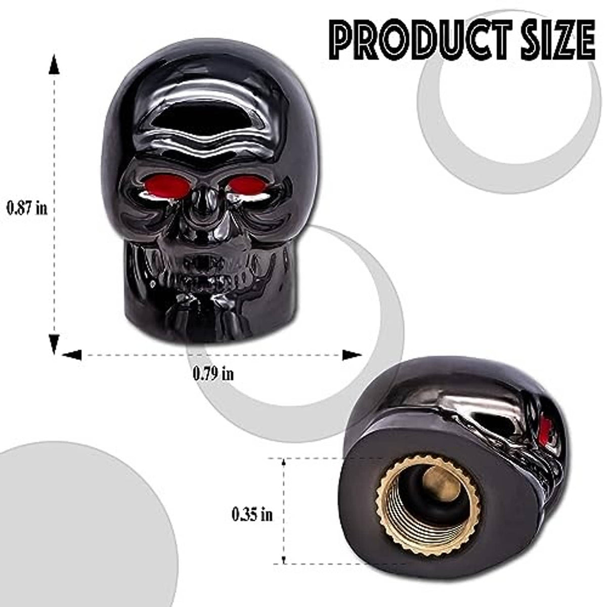 Skull tire valve stem cap with red eyes, showing internal threaded insert