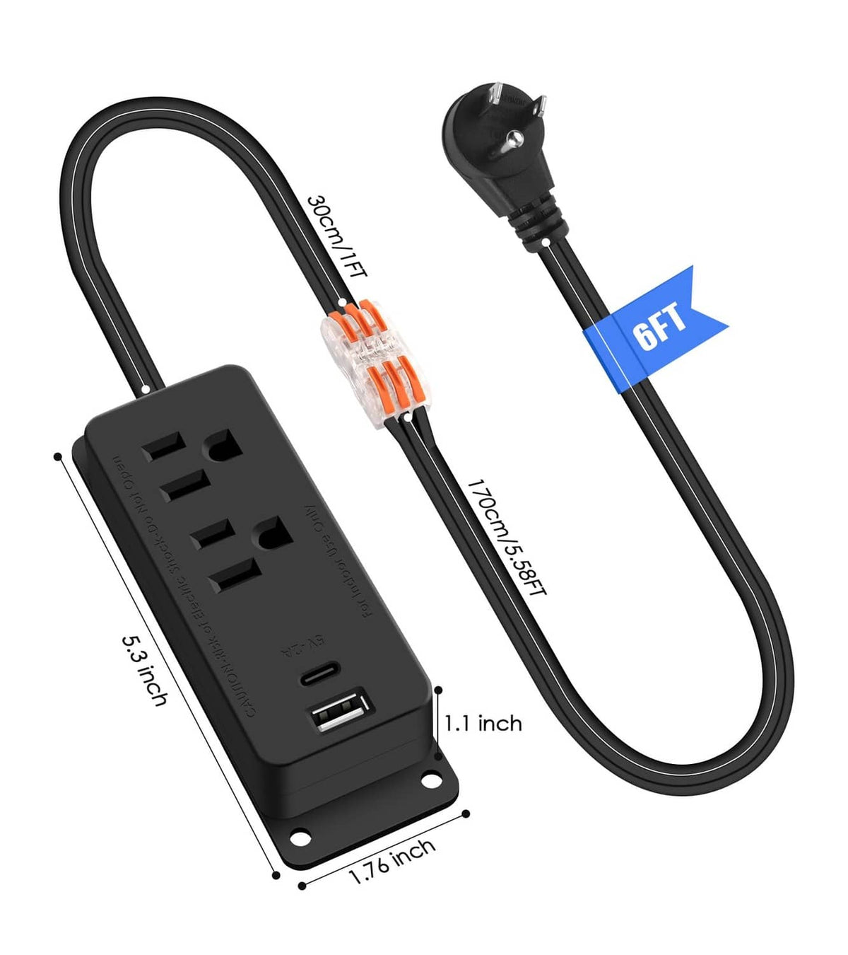 Black power outlet strip with USB port, mounting holes, and 6 ft power cord
