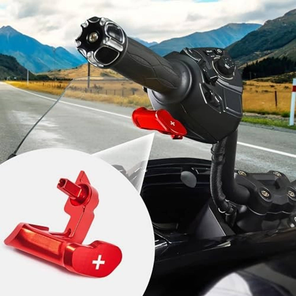 Red thumb throttle lever controller installed near motorcycle handlebar with plus (+) symbol