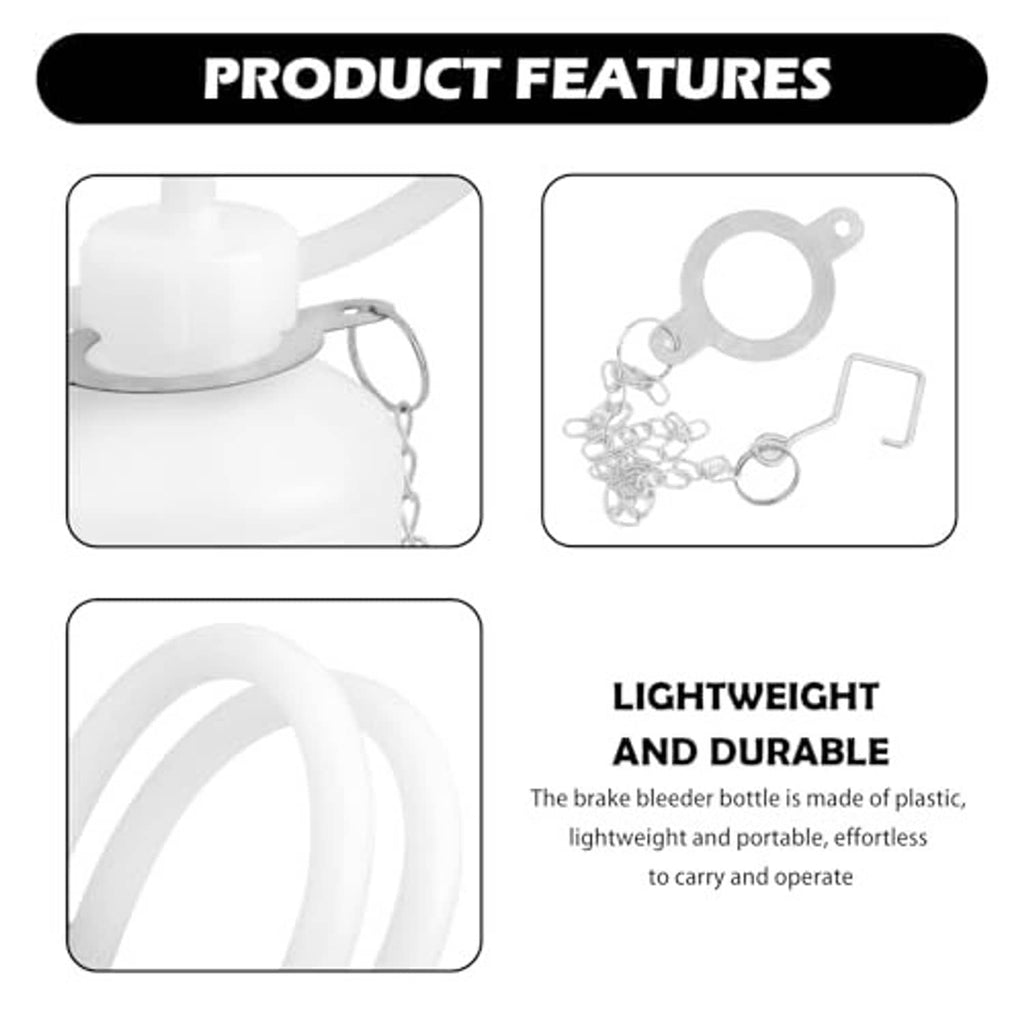 Brake bleeder bottle kit with hanging chain and lightweight durable white plastic reservoir