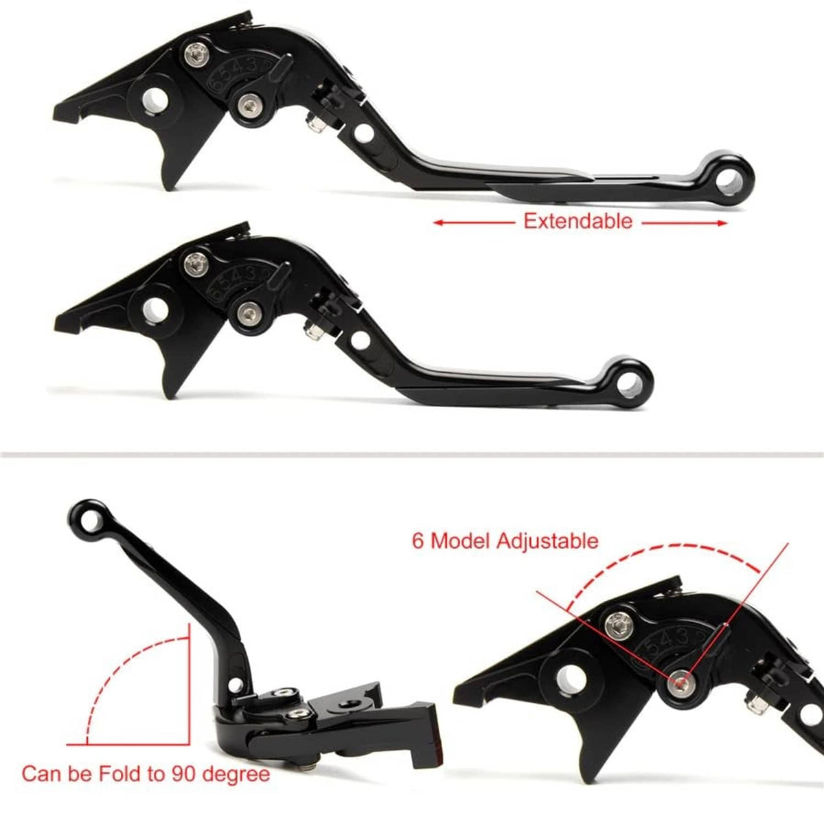 Black adjustable motorcycle brake and clutch levers with extendable arms