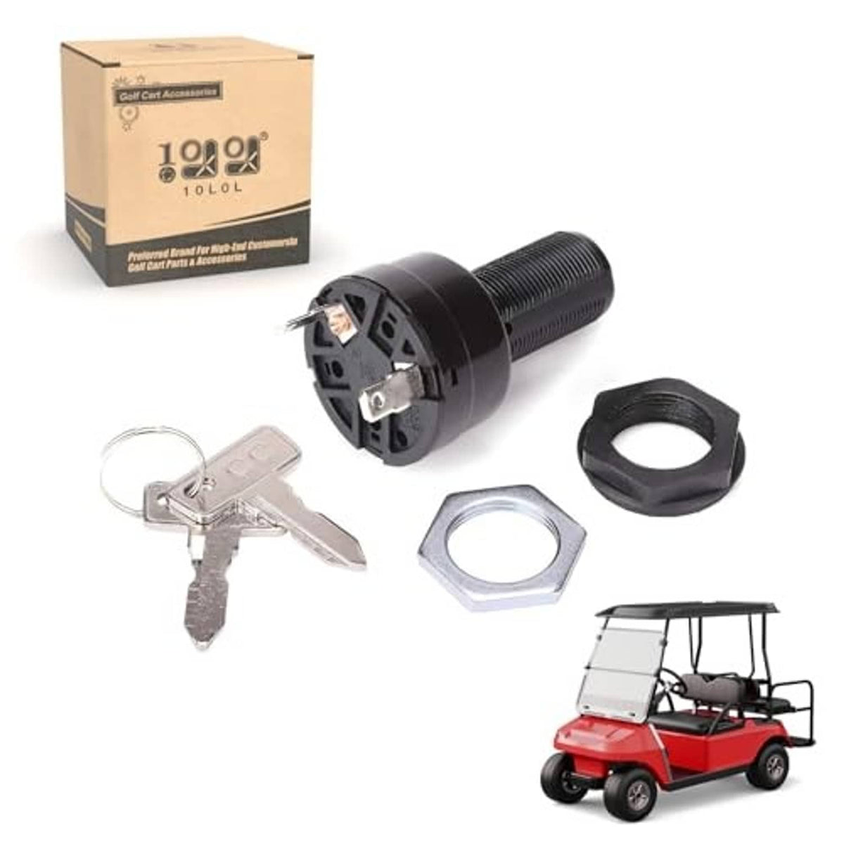 Golf cart ignition switch set with 2 keys, hex nut, rubber ring, and switch unit
