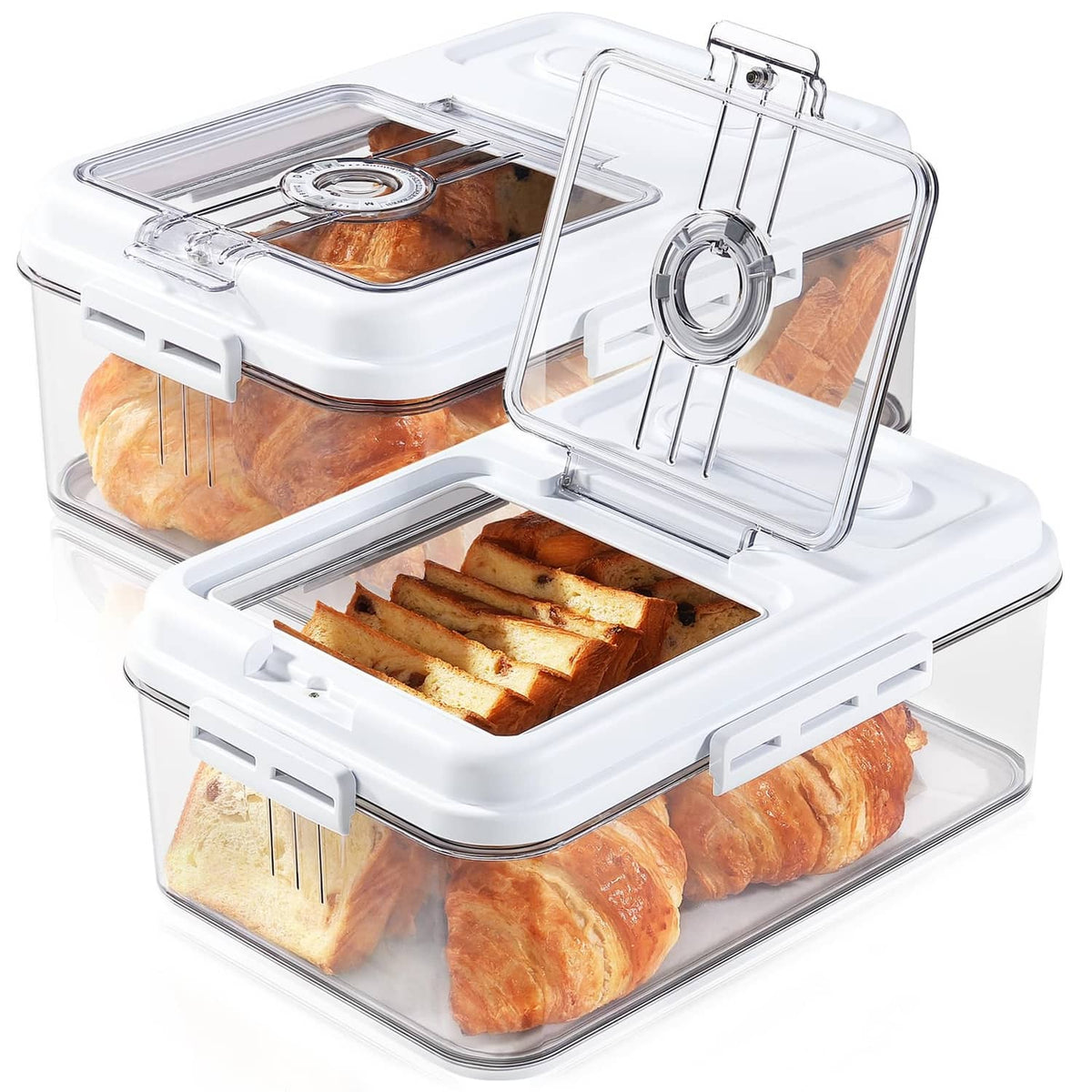 Clear-window airtight bread box with white base and snap-latch handle