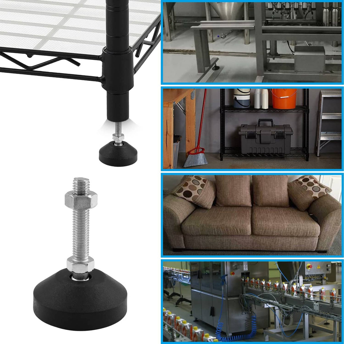 Leveling feet with black bases under metal frame, M10 threaded posts