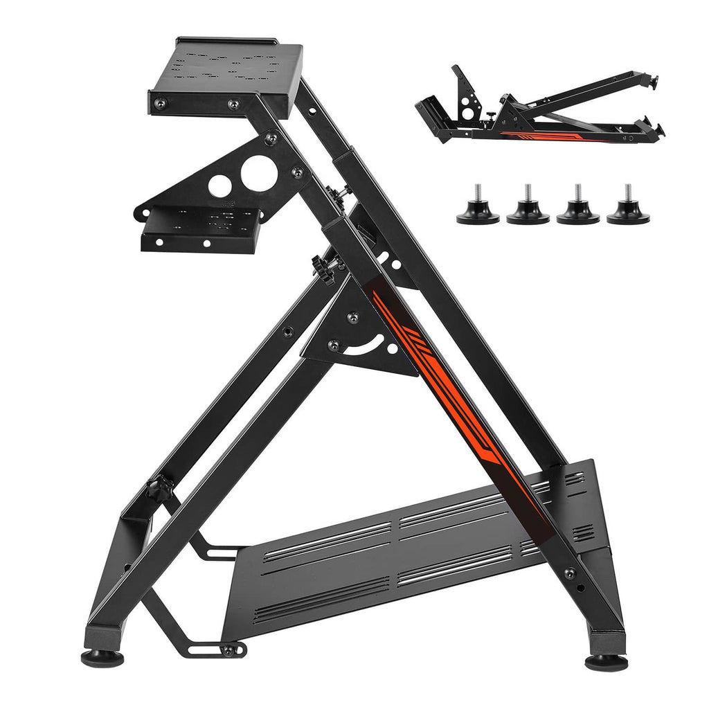 Foldable racing wheel stand frame with mounting plates and orange accents, black steel