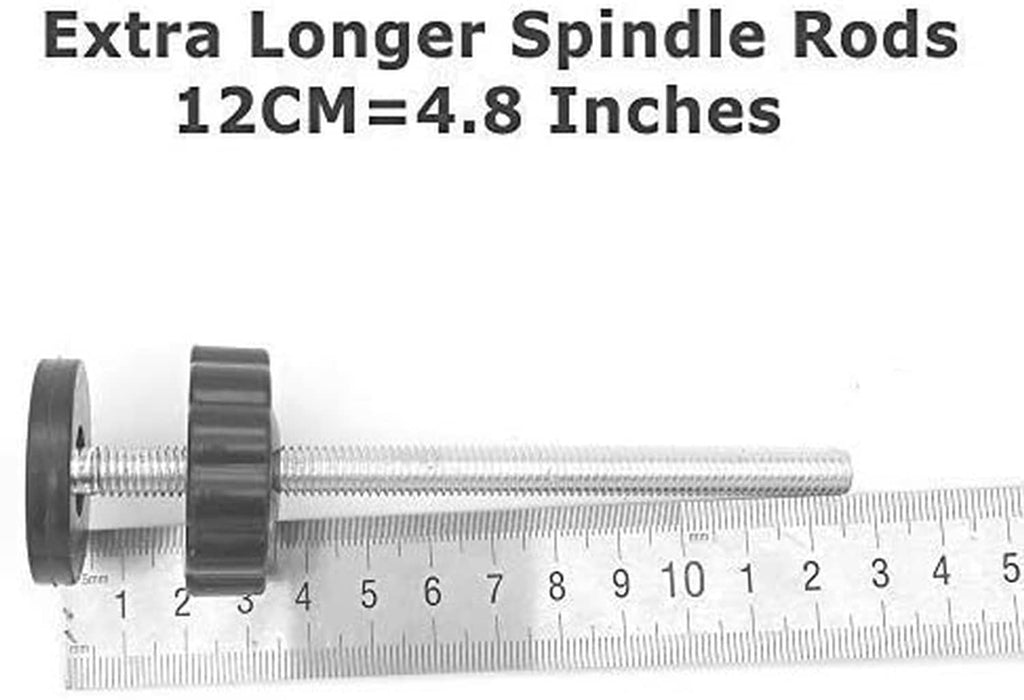 Threaded spindle rod hardware with adjustment wheel and ruler for length comparison