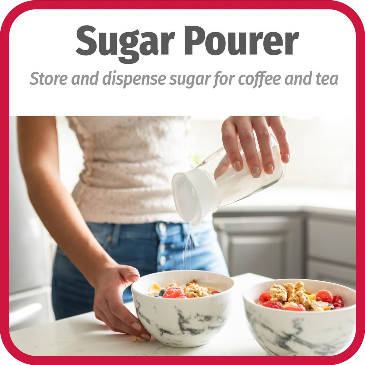 White glass sugar pourer held above bowl for dispensing sugar