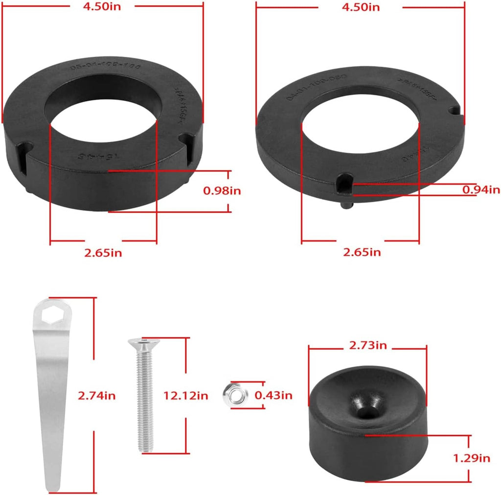 Front coil spring spacer dimensions diagram with measurement callouts for ring and bump stop