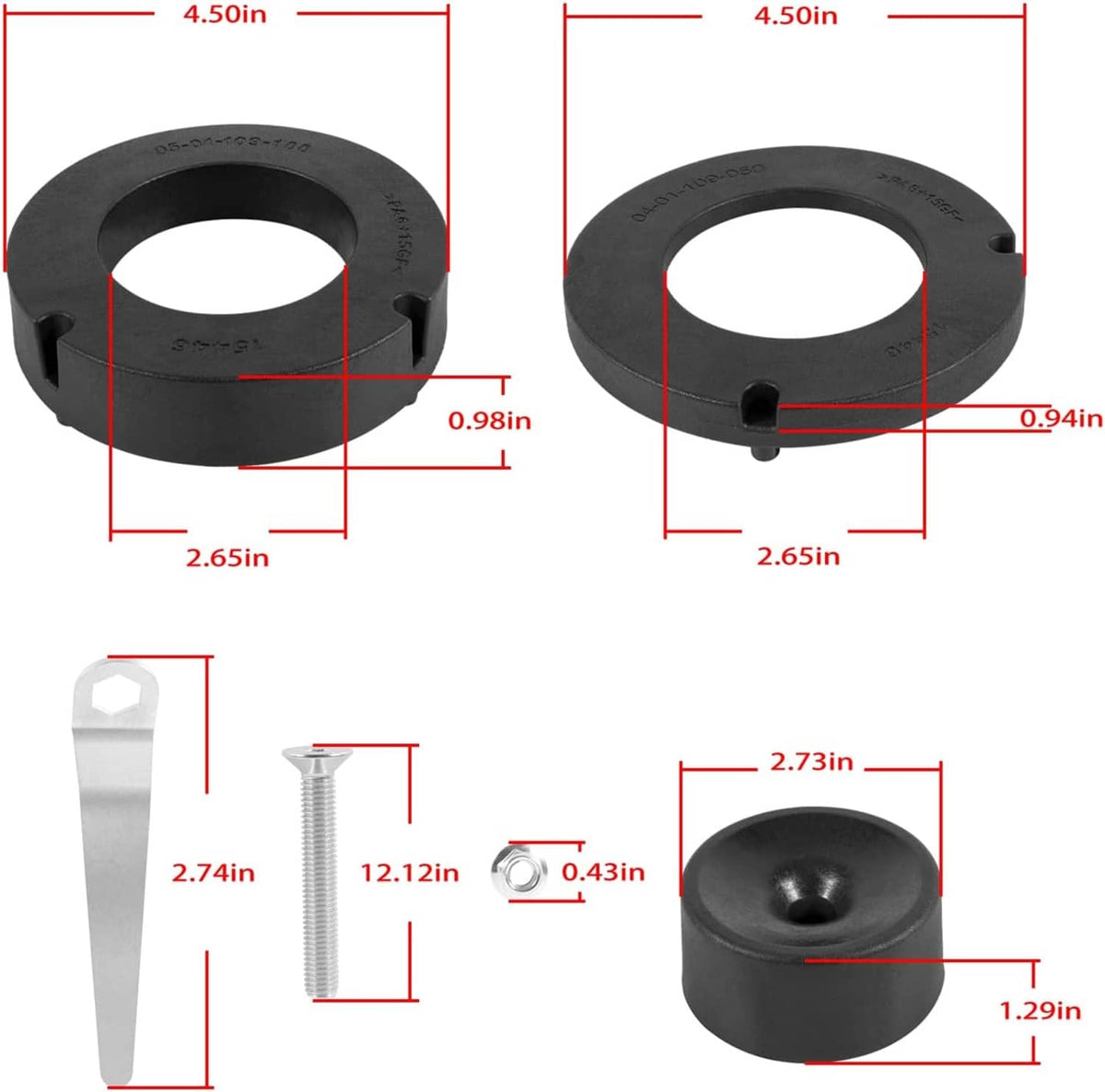 Front coil spring spacer dimensions diagram with measurement callouts for ring and bump stop