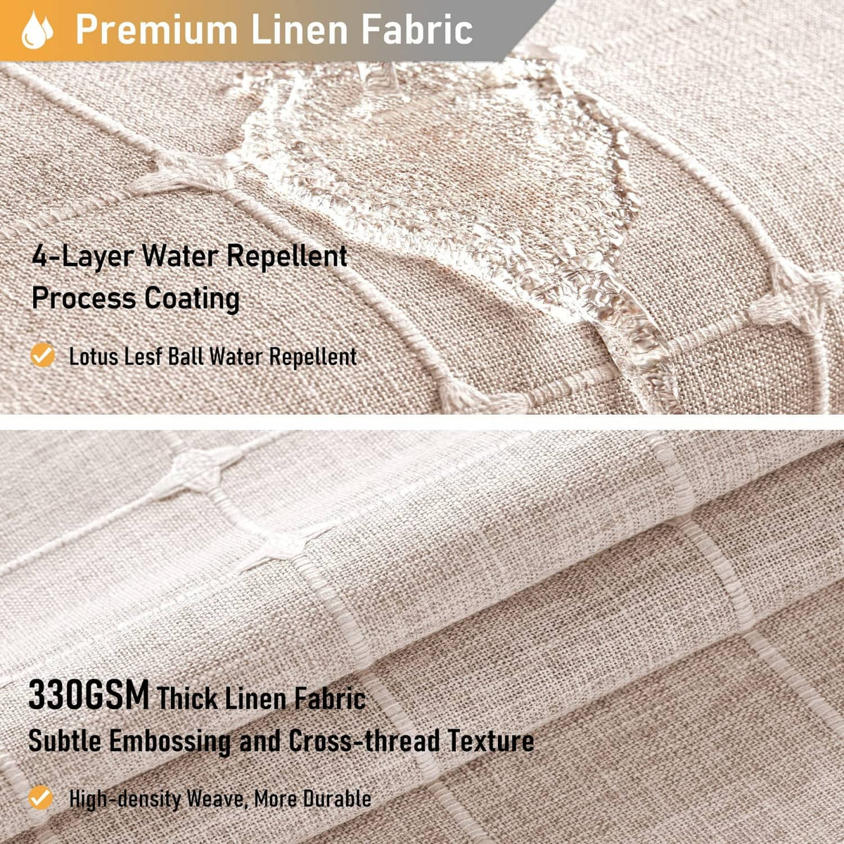 Taupe thick linen-look shower curtain fabric with cross-thread texture, close-up