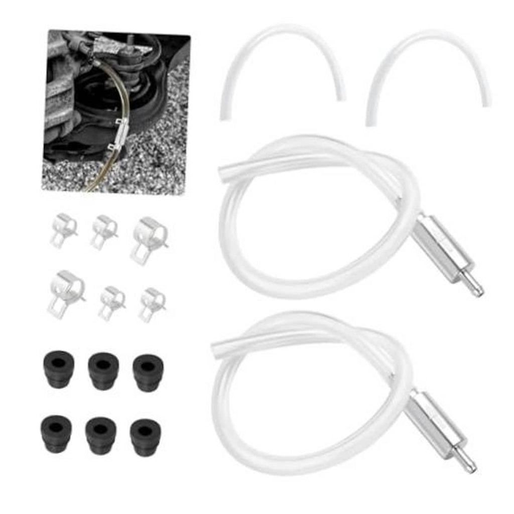 Brake bleeder kit contents: clear hoses, check-valve adapters, clamps, and caps