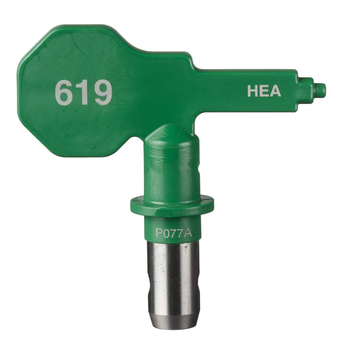 Green HEA 619 reversible airless spray tip with P077A label on base