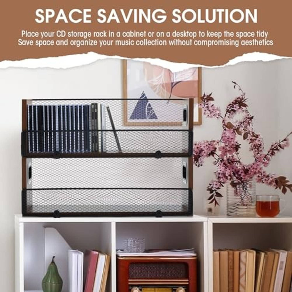 Wooden CD storage rack with metal mesh front and stacked rows for media discs