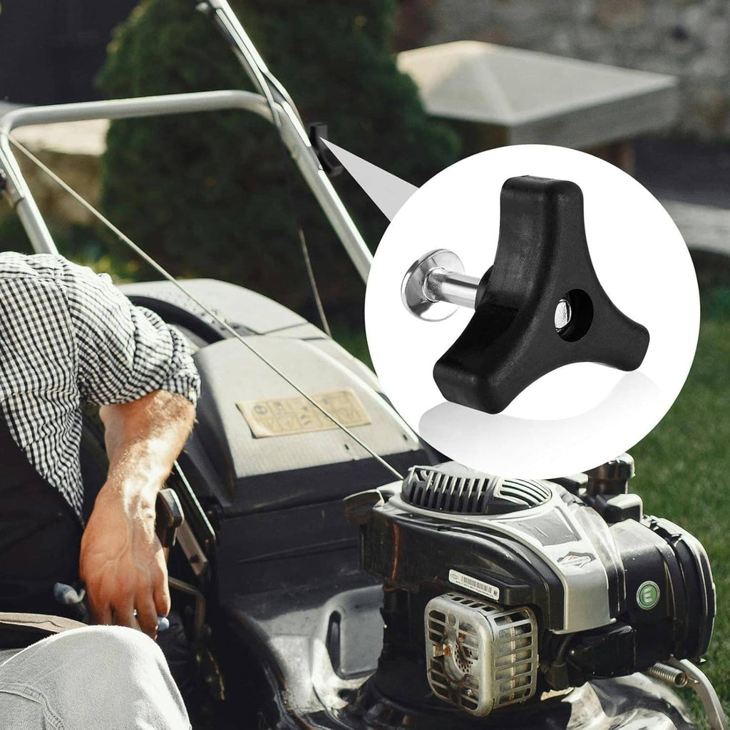 Black mower handle bolt on silver threaded shaft, shown near engine housing