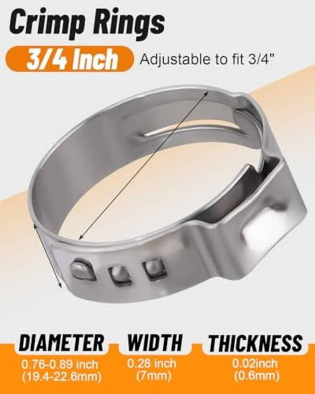 Stainless single-ear crimp hose clamp ring, 3/4 inch size, adjustable fit