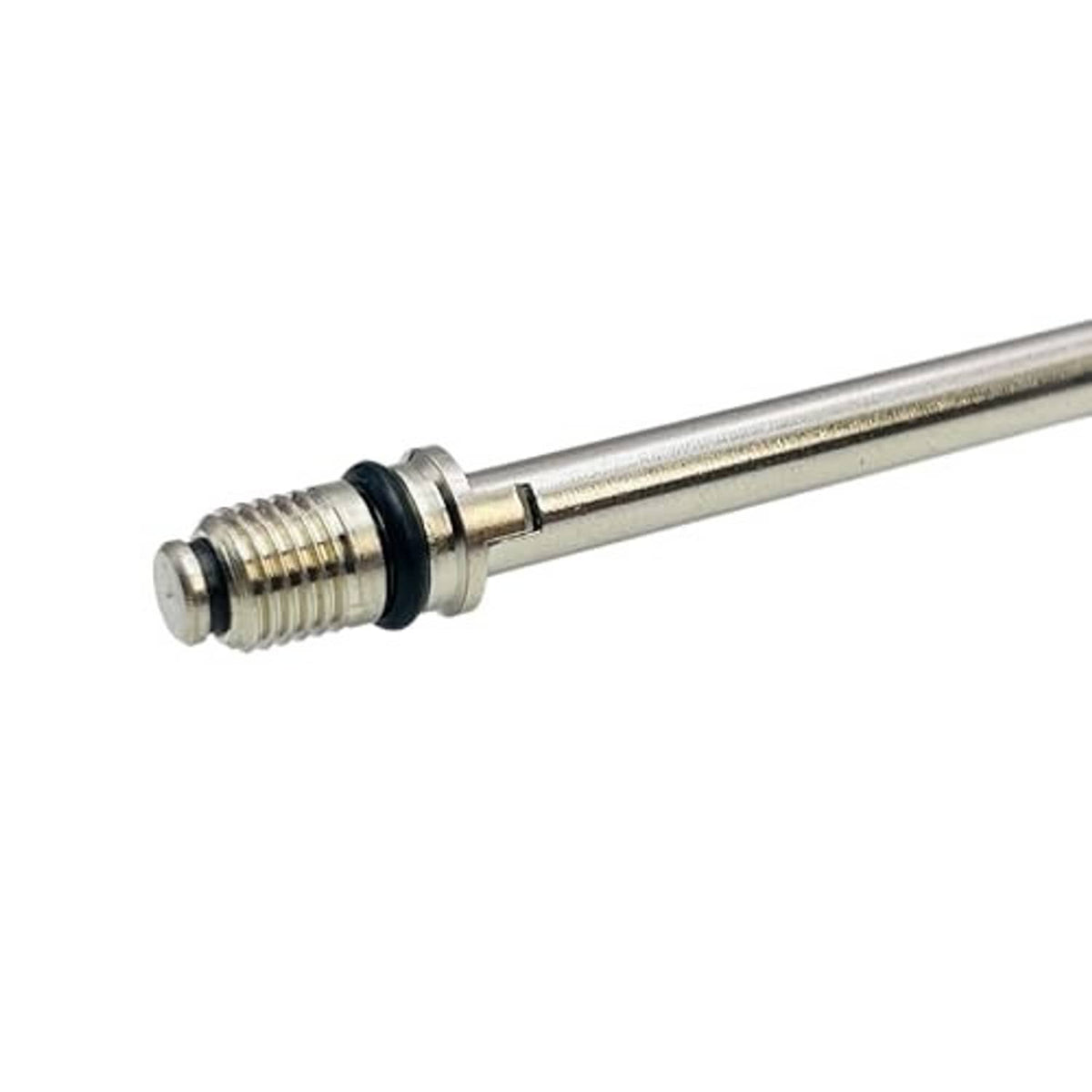 Metal valve core removal tool tip with black O-ring and threaded end