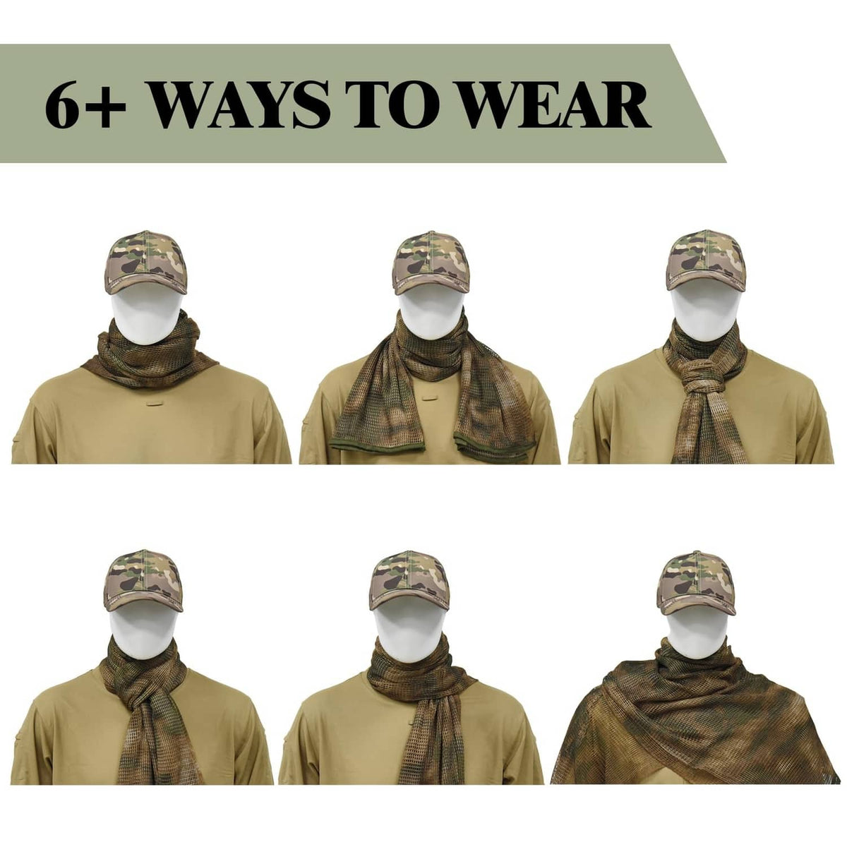 Woodland camo neck scarf worn around the head and neck on multiple models